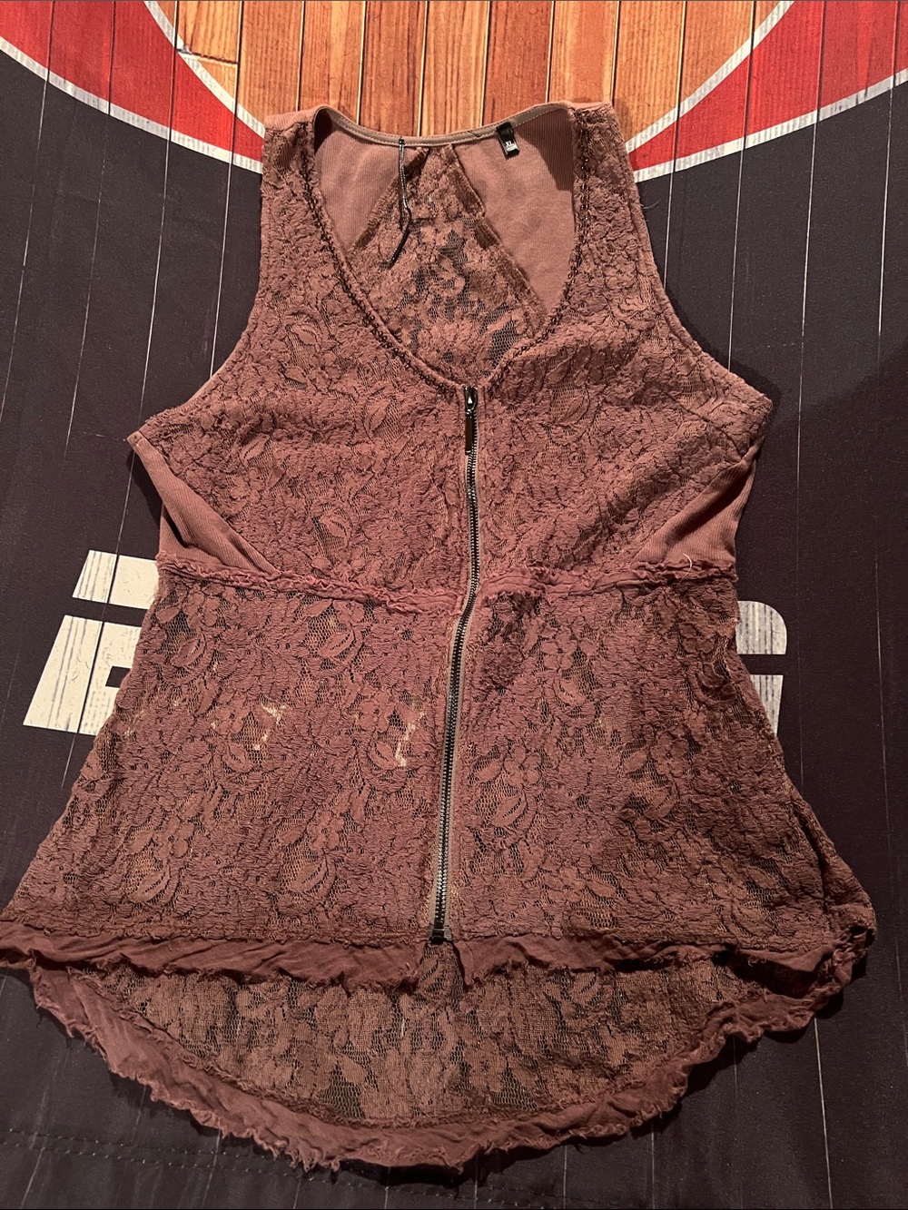 BKE Lace Zip-Front Tank Top - Brown